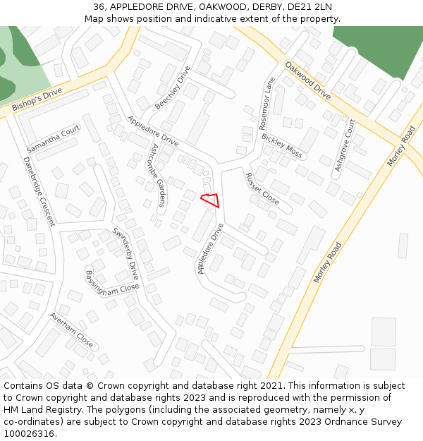 36, APPLEDORE DRIVE, OAKWOOD, DERBY, DE21 2LN: Location map and indicative extent of plot