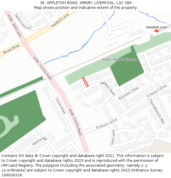 36, APPLETON ROAD, KIRKBY, LIVERPOOL, L32 1BA: Location map and indicative extent of plot