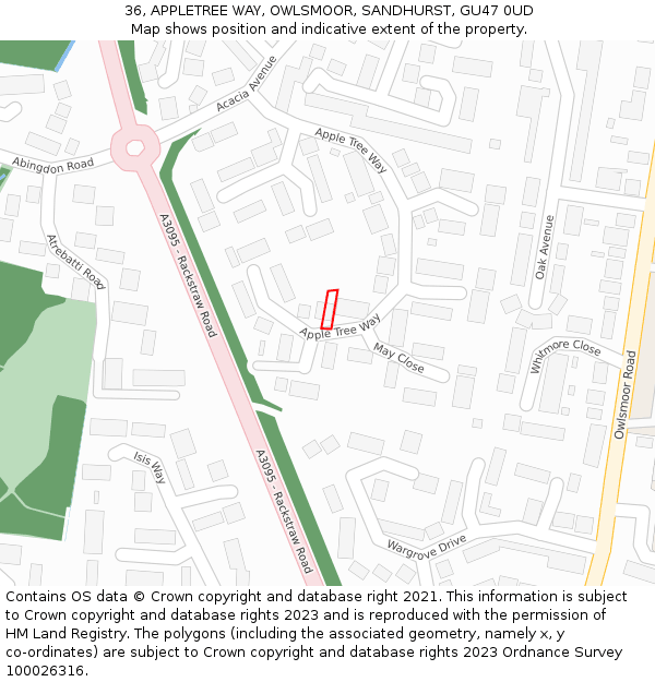 36, APPLETREE WAY, OWLSMOOR, SANDHURST, GU47 0UD: Location map and indicative extent of plot