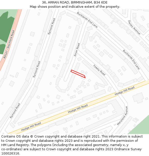 36, ARRAN ROAD, BIRMINGHAM, B34 6DE: Location map and indicative extent of plot