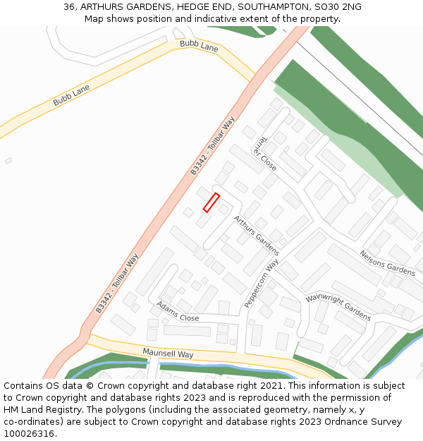 36, ARTHURS GARDENS, HEDGE END, SOUTHAMPTON, SO30 2NG: Location map and indicative extent of plot