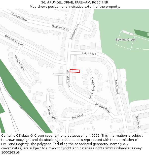 36, ARUNDEL DRIVE, FAREHAM, PO16 7NR: Location map and indicative extent of plot