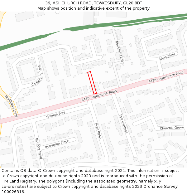 36, ASHCHURCH ROAD, TEWKESBURY, GL20 8BT: Location map and indicative extent of plot