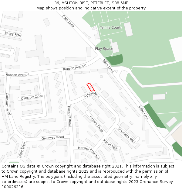 36, ASHTON RISE, PETERLEE, SR8 5NB: Location map and indicative extent of plot