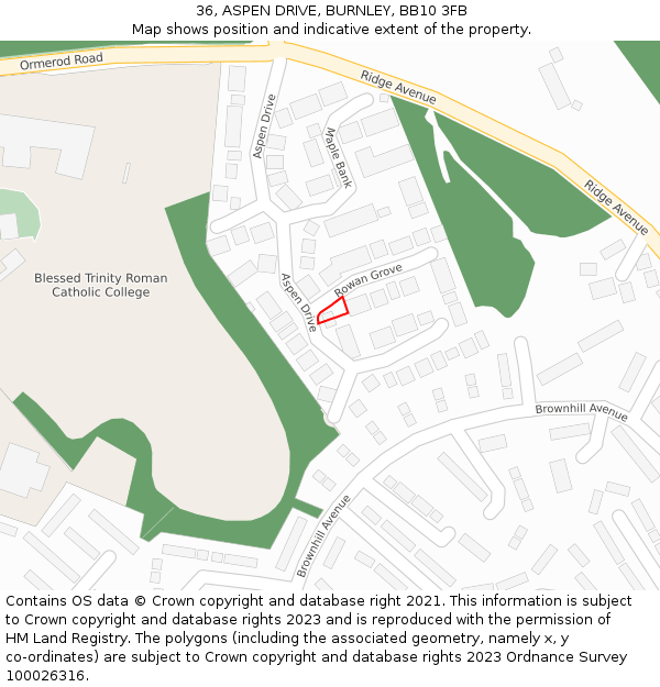 36, ASPEN DRIVE, BURNLEY, BB10 3FB: Location map and indicative extent of plot