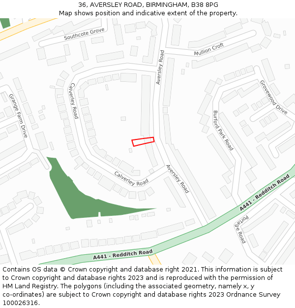 36, AVERSLEY ROAD, BIRMINGHAM, B38 8PG: Location map and indicative extent of plot