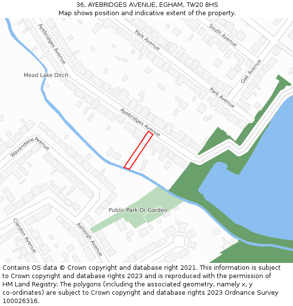 36, AYEBRIDGES AVENUE, EGHAM, TW20 8HS: Location map and indicative extent of plot