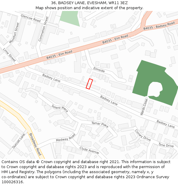 36, BADSEY LANE, EVESHAM, WR11 3EZ: Location map and indicative extent of plot