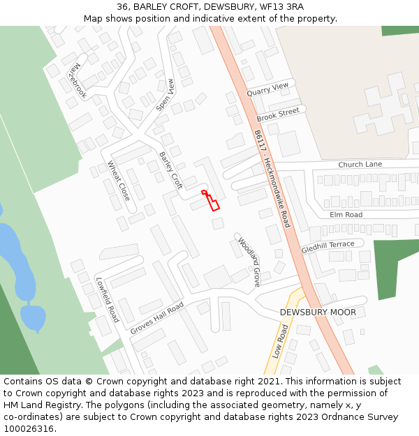 36, BARLEY CROFT, DEWSBURY, WF13 3RA: Location map and indicative extent of plot