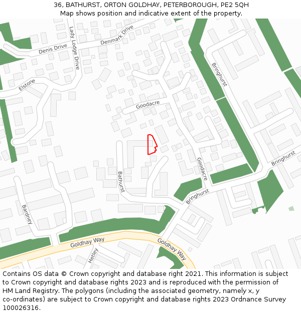 36, BATHURST, ORTON GOLDHAY, PETERBOROUGH, PE2 5QH: Location map and indicative extent of plot