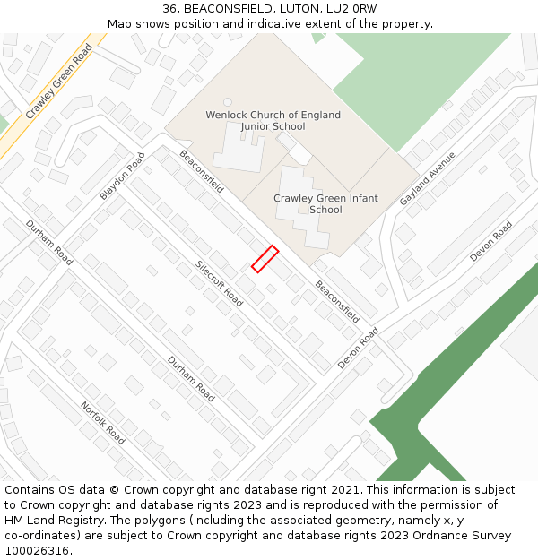 36, BEACONSFIELD, LUTON, LU2 0RW: Location map and indicative extent of plot