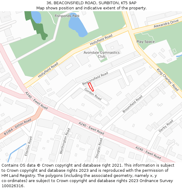 36, BEACONSFIELD ROAD, SURBITON, KT5 9AP: Location map and indicative extent of plot
