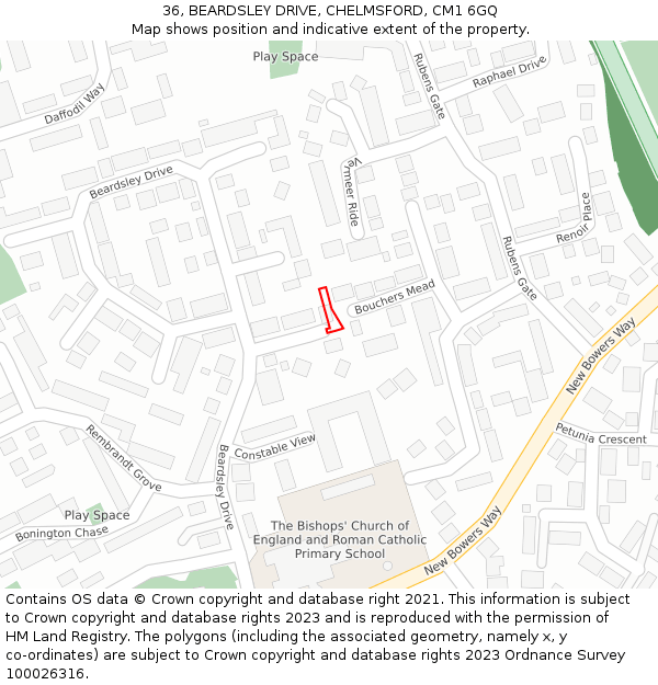 36, BEARDSLEY DRIVE, CHELMSFORD, CM1 6GQ: Location map and indicative extent of plot