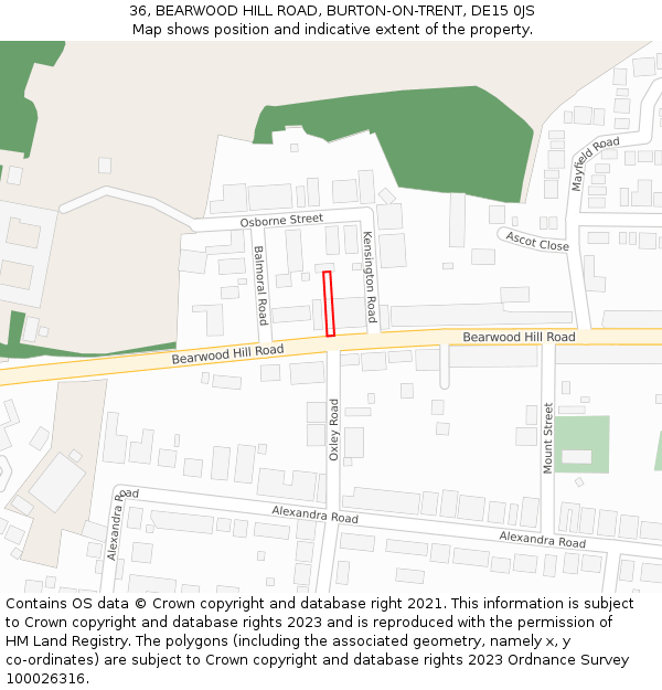 36, BEARWOOD HILL ROAD, BURTON-ON-TRENT, DE15 0JS: Location map and indicative extent of plot