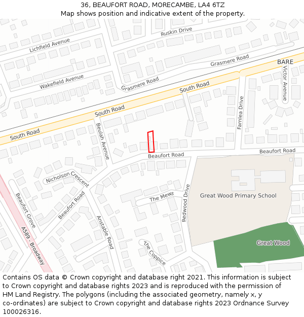 36, BEAUFORT ROAD, MORECAMBE, LA4 6TZ: Location map and indicative extent of plot