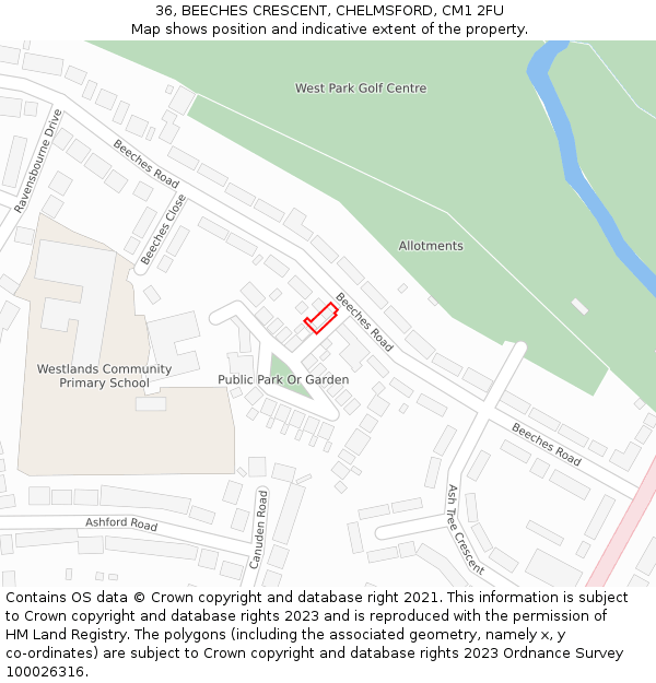 36, BEECHES CRESCENT, CHELMSFORD, CM1 2FU: Location map and indicative extent of plot
