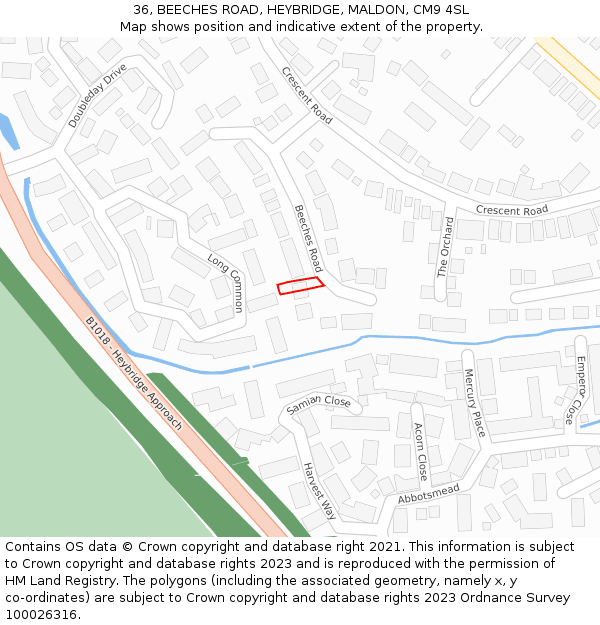 36, BEECHES ROAD, HEYBRIDGE, MALDON, CM9 4SL: Location map and indicative extent of plot