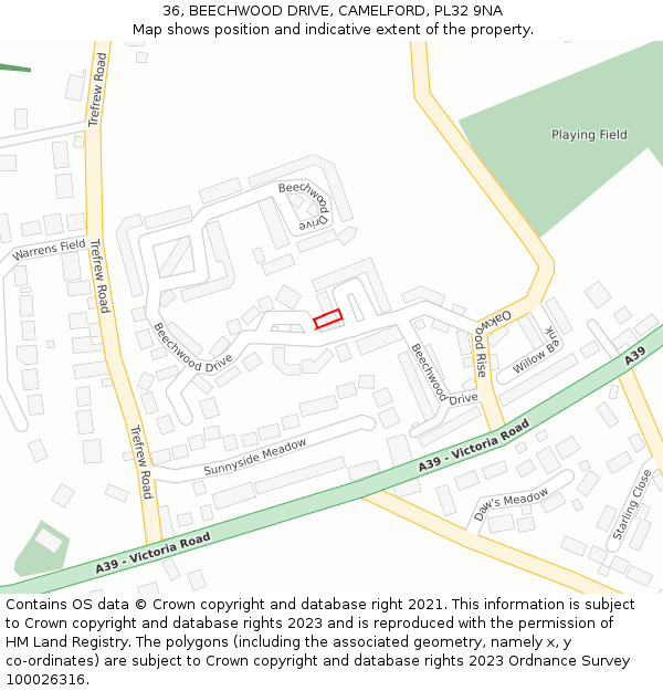 36, BEECHWOOD DRIVE, CAMELFORD, PL32 9NA: Location map and indicative extent of plot