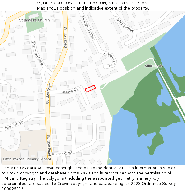 36, BEESON CLOSE, LITTLE PAXTON, ST NEOTS, PE19 6NE: Location map and indicative extent of plot