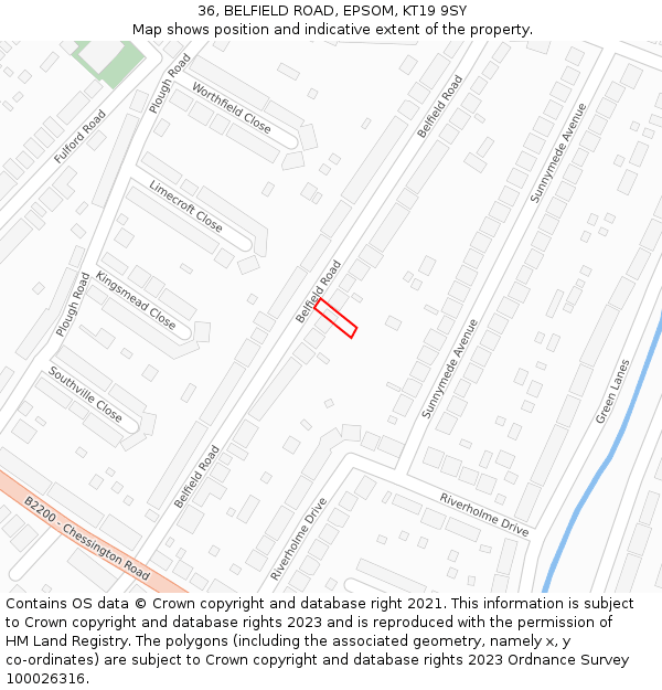 36, BELFIELD ROAD, EPSOM, KT19 9SY: Location map and indicative extent of plot