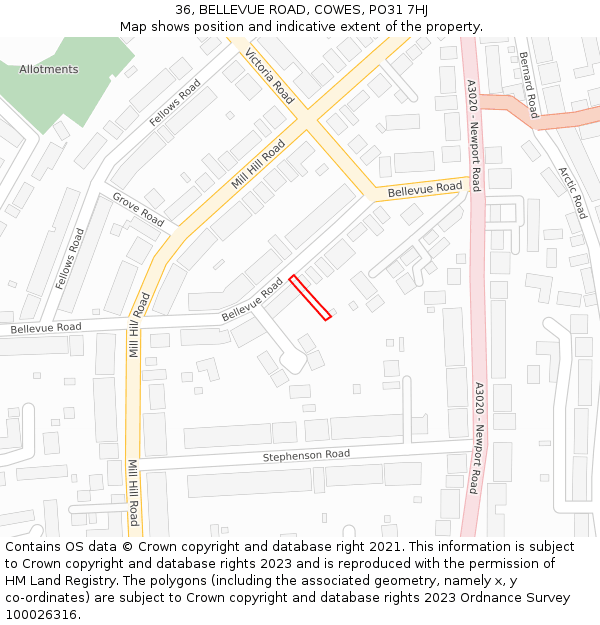 36, BELLEVUE ROAD, COWES, PO31 7HJ: Location map and indicative extent of plot