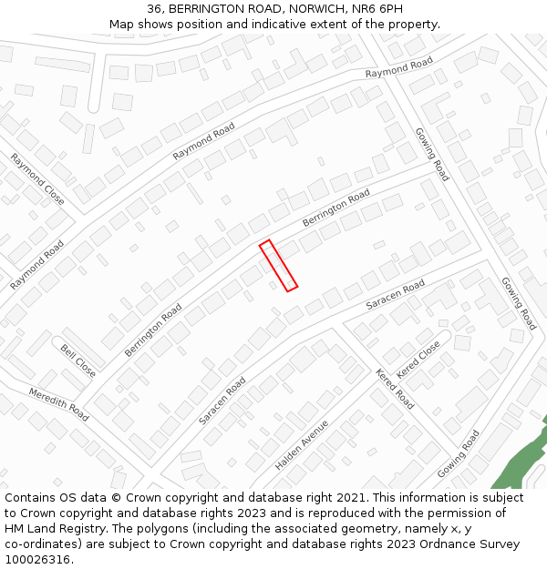 36, BERRINGTON ROAD, NORWICH, NR6 6PH: Location map and indicative extent of plot