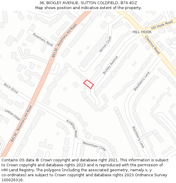36, BICKLEY AVENUE, SUTTON COLDFIELD, B74 4DZ: Location map and indicative extent of plot