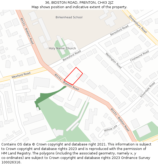 36, BIDSTON ROAD, PRENTON, CH43 2JZ: Location map and indicative extent of plot