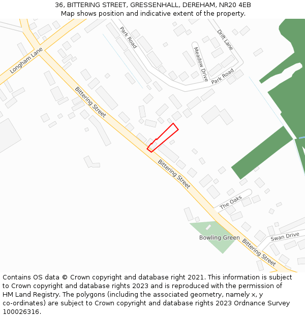 36, BITTERING STREET, GRESSENHALL, DEREHAM, NR20 4EB: Location map and indicative extent of plot