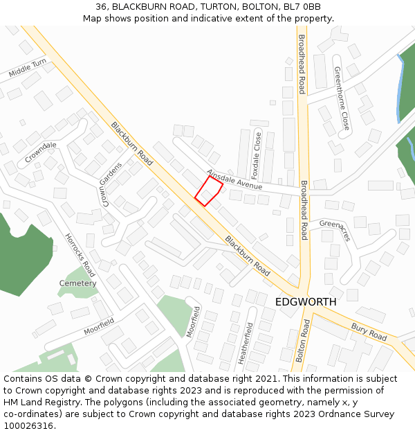 36, BLACKBURN ROAD, TURTON, BOLTON, BL7 0BB: Location map and indicative extent of plot