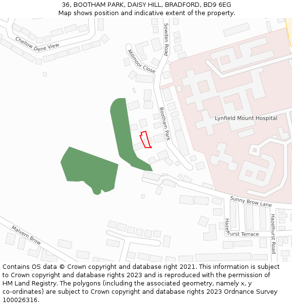36, BOOTHAM PARK, DAISY HILL, BRADFORD, BD9 6EG: Location map and indicative extent of plot