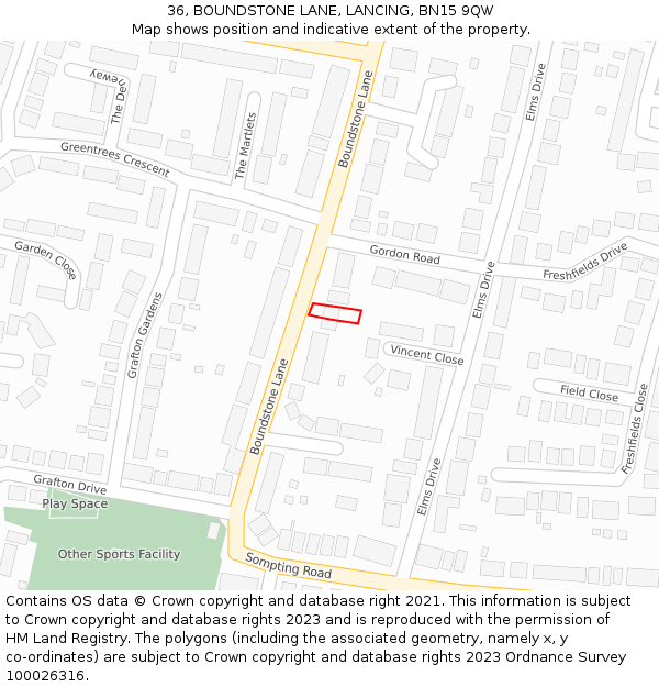 36, BOUNDSTONE LANE, LANCING, BN15 9QW: Location map and indicative extent of plot
