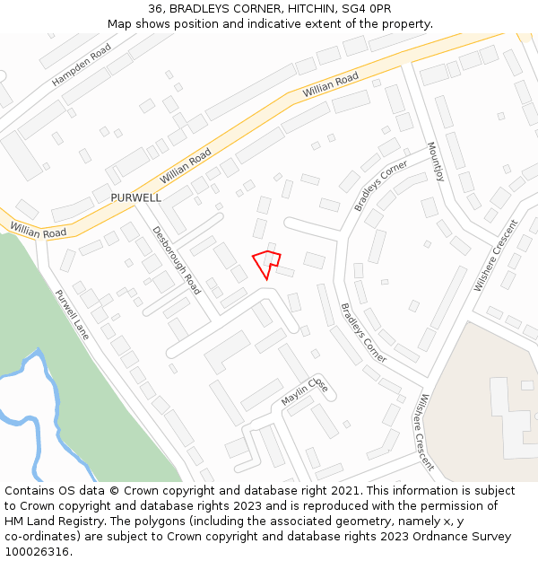36, BRADLEYS CORNER, HITCHIN, SG4 0PR: Location map and indicative extent of plot