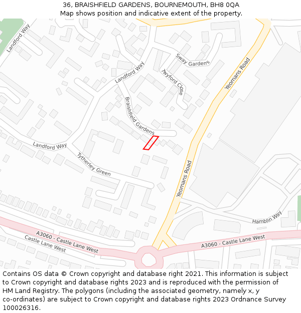 36, BRAISHFIELD GARDENS, BOURNEMOUTH, BH8 0QA: Location map and indicative extent of plot