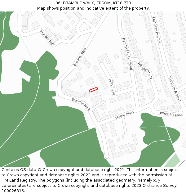 36, BRAMBLE WALK, EPSOM, KT18 7TB: Location map and indicative extent of plot