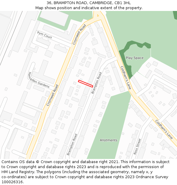 36, BRAMPTON ROAD, CAMBRIDGE, CB1 3HL: Location map and indicative extent of plot