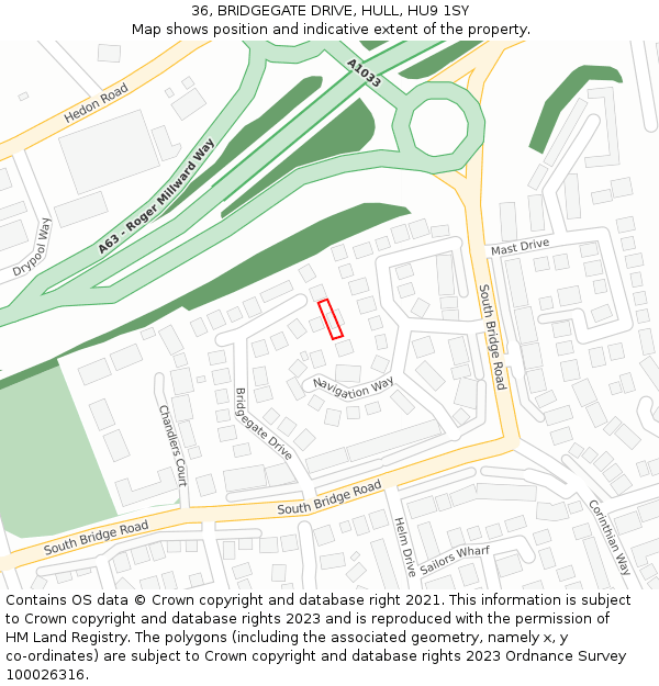 36, BRIDGEGATE DRIVE, HULL, HU9 1SY: Location map and indicative extent of plot