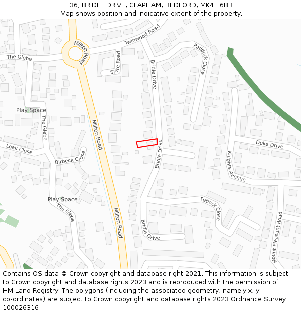 36, BRIDLE DRIVE, CLAPHAM, BEDFORD, MK41 6BB: Location map and indicative extent of plot