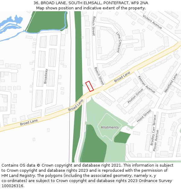 36, BROAD LANE, SOUTH ELMSALL, PONTEFRACT, WF9 2NA: Location map and indicative extent of plot