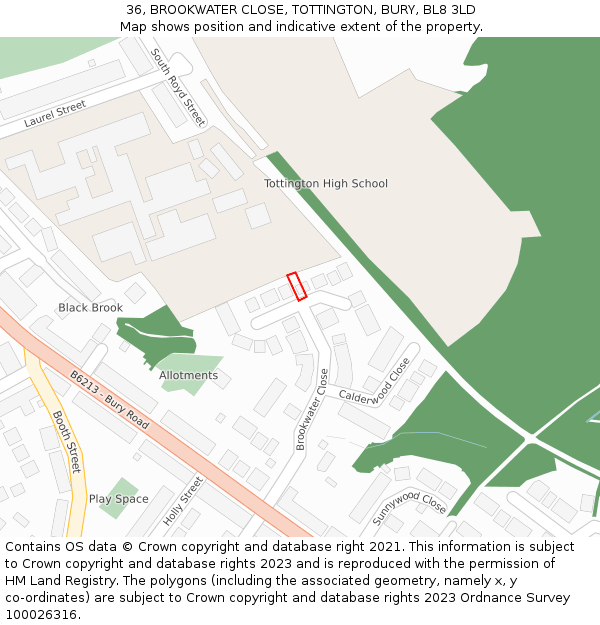 36, BROOKWATER CLOSE, TOTTINGTON, BURY, BL8 3LD: Location map and indicative extent of plot