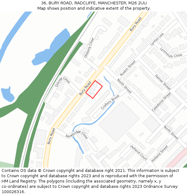 36, BURY ROAD, RADCLIFFE, MANCHESTER, M26 2UU: Location map and indicative extent of plot