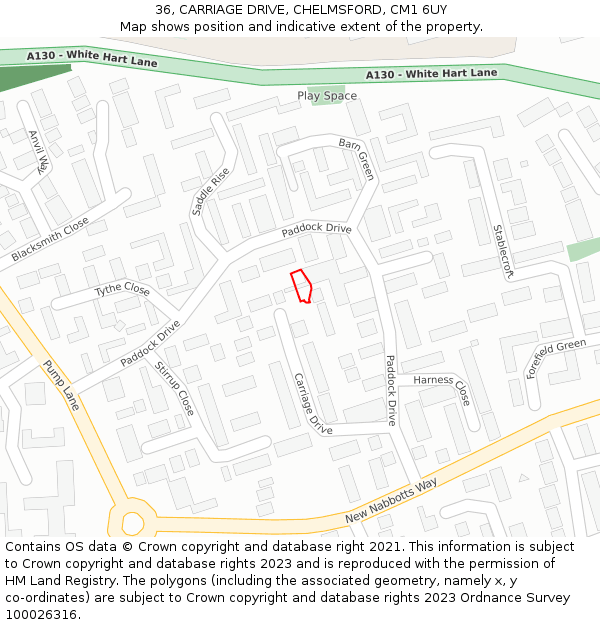 36, CARRIAGE DRIVE, CHELMSFORD, CM1 6UY: Location map and indicative extent of plot