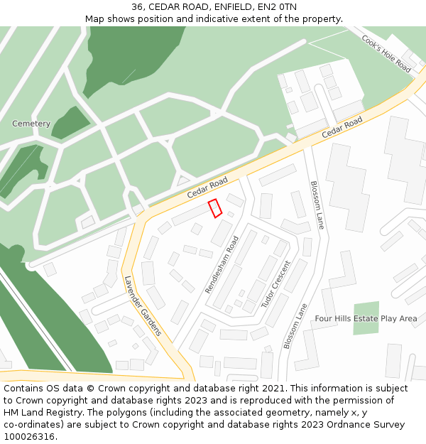 36, CEDAR ROAD, ENFIELD, EN2 0TN: Location map and indicative extent of plot