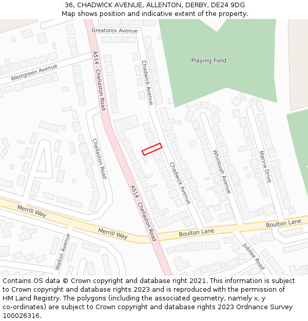 36, CHADWICK AVENUE, ALLENTON, DERBY, DE24 9DG: Location map and indicative extent of plot