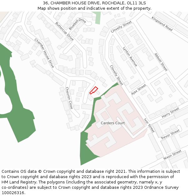 36, CHAMBER HOUSE DRIVE, ROCHDALE, OL11 3LS: Location map and indicative extent of plot