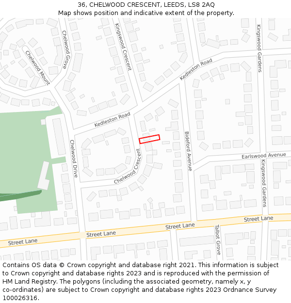 36, CHELWOOD CRESCENT, LEEDS, LS8 2AQ: Location map and indicative extent of plot