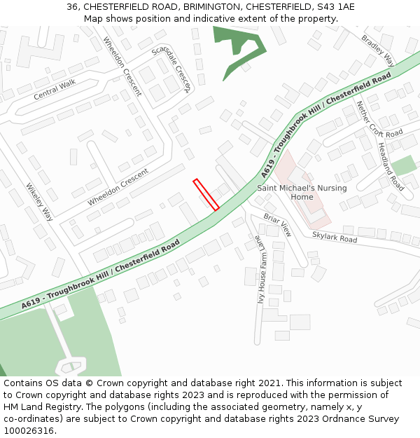 36, CHESTERFIELD ROAD, BRIMINGTON, CHESTERFIELD, S43 1AE: Location map and indicative extent of plot