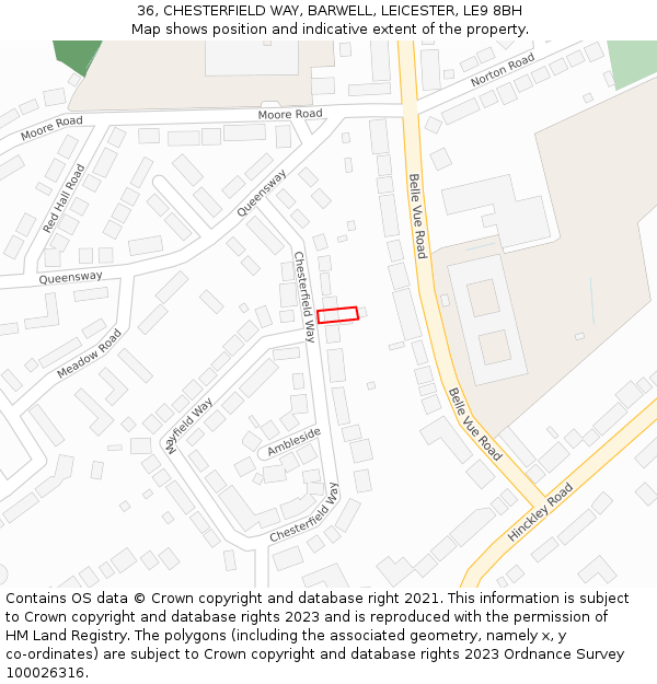 36, CHESTERFIELD WAY, BARWELL, LEICESTER, LE9 8BH: Location map and indicative extent of plot
