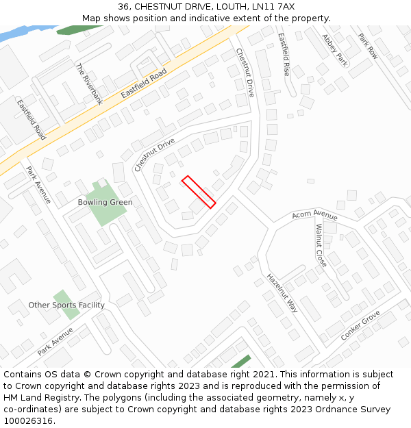 36, CHESTNUT DRIVE, LOUTH, LN11 7AX: Location map and indicative extent of plot