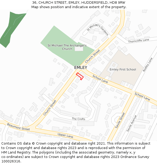 36, CHURCH STREET, EMLEY, HUDDERSFIELD, HD8 9RW: Location map and indicative extent of plot
